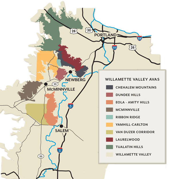 Portland, Newberg, McMinnville, and Salem are right on the outskirts of Willamette Valley AVA's, where great wine is produced.